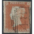 GREAT BRITAIN - 1852 1d red-brown QV, plate 137, check letters SE, used – SG # 8