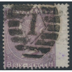 GREAT BRITAIN - 1865 6d deep lilac QV, inverted Emblems watermark, plate 5, used – SG # 96Wi