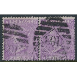 GREAT BRITAIN - 1867 6d purple QV, plate 6, spray of rose watermark, pair, used – SG # 106