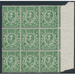 GREAT BRITAIN - 1912 ½d green KGV (die 2), crown watermark, block of 9, MNH – SG # 339