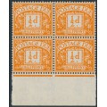 GREAT BRITAIN - 1956 ½d orange Postage Due, block of 4 with a variety, MNH – SG # D46