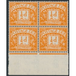 GREAT BRITAIN - 1956 ½d orange Postage Due, block of 4 with a variety, MNH – SG # D46