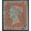 GREAT BRITAIN - 1851 1d red-brown QV, plate 123, check letters QE, blue cancel, used – SG # 8 (BS91xb)