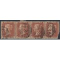 GREAT BRITAIN - 1857 1d red QV, plate 36, strip of 4 RI-RL, used – SG # 38 (C10)