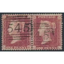 GREAT BRITAIN - 1857 1d red QV, plate 56, pair GK+GL, used – SG # 38 (C10)