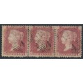 GREAT BRITAIN - 1857 1d red QV, plate 58, strip of 3 RF+RG+RH, used – SG # 38 (C10)