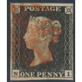 GREAT BRITAIN - 1840 1d grey-black QV (penny black), plate 1a, check letters NI, used – SG # 3 (AS3)