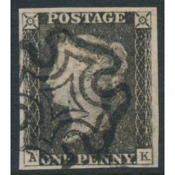 GREAT BRITAIN - 1840 1d grey-black QV (penny black), plate 1b, check letters AK, used – SG # 3 (AS5)