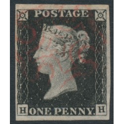 GREAT BRITAIN - 1840 1d intense black QV (penny black), plate 2, check letters HH, used – SG # 1 (AS13)