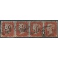 GREAT BRITAIN - 1845 1d red-brown QV, plate 63, strip of 4 QI-QL, used – SG # 8