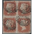GREAT BRITAIN - 1853 1d red-brown QV, plate 171, block of 4 AK+AL & BK+BL, used – SG # 8