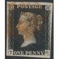 GREAT BRITAIN - 1840 1d intense black QV (penny black), plate 5, check letters TG, used – SG # 1 (AS24)