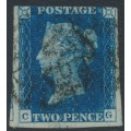 GREAT BRITAIN - 1840 2d blue  QV, plate 2, check letters CG, used – SG # 5 (DS8)