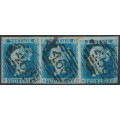 GREAT BRITAIN - 1849 2d blue QV, plate 4, strip of 3, EJ+EK+EL, used – SG # 13 (ES13)