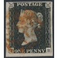 GREAT BRITAIN - 1840 1d black QV (penny black), plate 1b, check letters TB, used – SG # 2 (AS5)