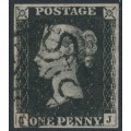 GREAT BRITAIN - 1840 1d black QV (penny black), plate 5, check letters TJ, used – SG # 2 (AS25)