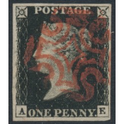 GREAT BRITAIN - 1840 1d intense black QV (penny black), plate 6, check letters AE, used – SG # 1 (AS40)