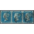 GREAT BRITAIN - 1849 2d blue QV, plate 4, strip of 3, TF+TG+TH, used – SG # 13 (ES13c)