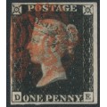 GREAT BRITAIN - 1840 1d intense black QV (penny black), plate 5, check letters DE, used – SG # 1 (AS24)