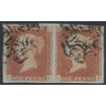 GREAT BRITAIN - 1841 1d red-brown QV, plate 16, OE+OF pair, used – SG # 8l