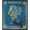 GREAT BRITAIN - 1840 2d blue QV, plate 2, check letters QG, used – SG # 5 (DS8)