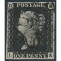 GREAT BRITAIN - 1840 1d black QV (penny black), plate 1b, check letters LA, used – SG # 2 (AS5h)