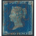 GREAT BRITAIN - 1840 2d blue QV, plate 2, check letters QD, used – SG # 5 (DS8f)