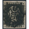 GREAT BRITAIN - 1840 1d black QV (penny black), plate 5, check letters AB, used – SG # 2 (AS24)