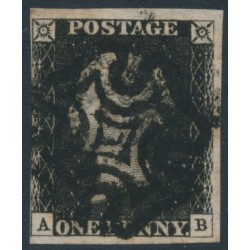 GREAT BRITAIN - 1840 1d black QV (penny black), plate 5, check letters AB, used – SG # 2 (AS24)