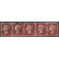 GREAT BRITAIN - 1857 1d deep rose-red QV, plate 60, OH-OL strip of 5, used – SG # 41 (C10)