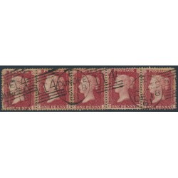 GREAT BRITAIN - 1857 1d deep rose-red QV, plate 60, OH-OL strip of 5, used – SG # 41 (C10)