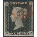 GREAT BRITAIN - 1840 1d black QV (penny black), plate 2, check letters GB, used – SG # 2 (AS14)