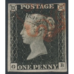 GREAT BRITAIN - 1840 1d black QV (penny black), plate 2, check letters GB, used – SG # 2 (AS14)