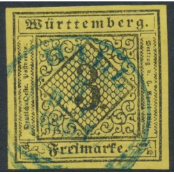 WÜRTTEMBERG - 1851 3Kr black on yellow Numeral (type I), imperforate, used – Michel # 2Ia