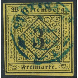 WÜRTTEMBERG - 1851 3Kr black on yellow Numeral (type II), imperforate, used – Michel # 2IIa