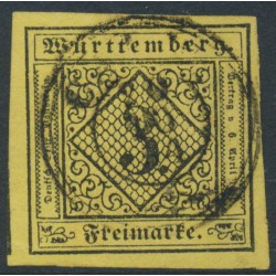 WÜRTTEMBERG - 1851 3Kr black on yellow Numeral (type V), imperforate, used – Michel # 2Va