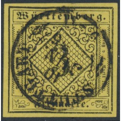 WÜRTTEMBERG - 1851 3Kr black on yellow Numeral (type V), imperforate, used – Michel # 2Va