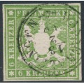 WÜRTTEMBERG - 1859 6Kr green Coat of Arms, imperf. without silk thread, used – Michel # 13a