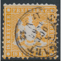 WÜRTTEMBERG - 1864 18Kr yellowish orange Coat of Arms, perf. 10, used – Michel # 29