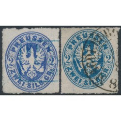 PREUßEN - 1862 2Sgr ultramarine-blue & Prussian blue Eagles, rouletted, used – Michel # 17a+17b