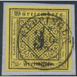 WÜRTTEMBERG - 1851 3Kr black on yellow Numeral (type V) on thin paper (Seidenpapier), used – Michel # 2y
