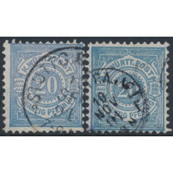 WÜRTTEMBERG - 1875-1890 20pf ultramarine & grey-turquoise Numeral in Circle, perf. 11½:11, used – Michel # 47a+47b