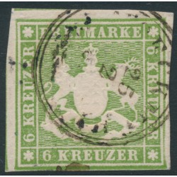 WÜRTTEMBERG - 1859 6Kr green Coat of Arms, imperf. without silk thread, used – Michel # 13a