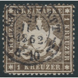 WÜRTTEMBERG - 1861 1Kr deep brown Coat of Arms, perf. 13½ on thin paper, used – Michel # 16yb