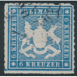 WÜRTTEMBERG - 1865 6Kr pale blue Coat of Arms, rouletted, used – Michel # 32b