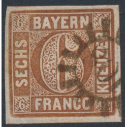 BAVARIA / BAYERN - 1850 6Kr brown Numeral, plate 1, imperforate, thin paper, used – Michel # 4II