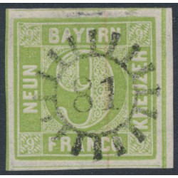 BAVARIA / BAYERN - 1852 9Kr light yellowish green Numeral (type II), imperf., used – Michel # 5IId