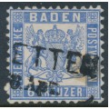 BADEN - 1864 6Kr ultramarine Arms, white background, perf. 10, used – Michel # 19a
