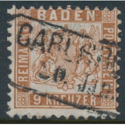 BADEN - 1866 9Kr pale reddish brown Arms, white background, perf. 10, used – Michel # 20a