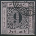 BADEN - 1851 9Kr black on rose Numeral, imperforate, used – Michel # 4a